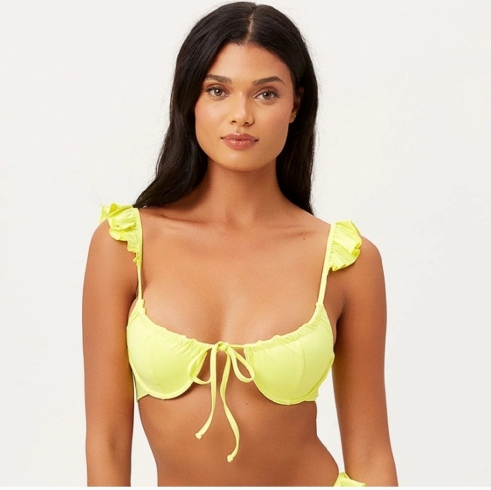 Frankie's Bikinis Birdie Neon Yellow Ruffle Strap Bikini Top NEW
